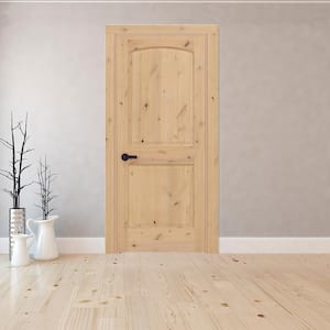24 in. x 80 in. 2-Panel Round Top Right-Handed Unfinished Knotty Alder Wood Single Prehung Interior Door with Casing