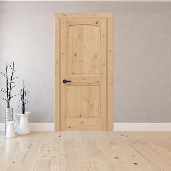 24 in. x 80 in. 2-Panel Round Top Right-Handed Unfinished Knotty Alder Wood Single Prehung Interior Door with Casing