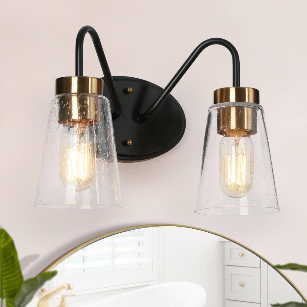 Transitional 12.5 in. 2-Lights Brass and Black Wall Sconce with Seeded Glass Shade Wall Lamp, Bathroom Vanity Light price history on PriceWatchPro