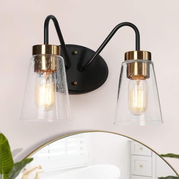 Transitional 12.5 in. 2-Lights Brass and Black Wall Sconce with Seeded Glass Shade Wall Lamp, Bathroom Vanity Light