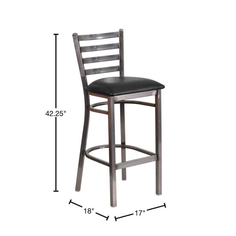 Silver Ladder Back 42" Metal Barstool with Black Vinyl Seat