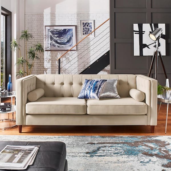 HomeSullivan 83.4 in. Beige Tuxedo Faux Leather 3-Seat Sofa With Accent Pillows