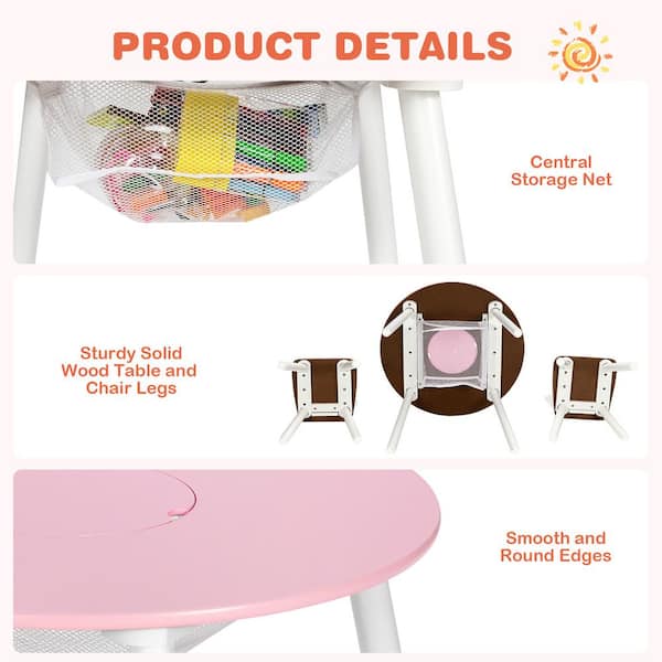 Costway Kids Wooden Round Table & 2 Chair Set w/ Center Mesh Storage Pink