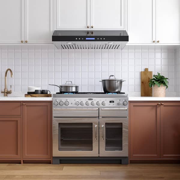 30 in. Under Cabinet Range Hood, 600 CFM Ducted Black Glass, 3 Venting Options, LCD Touch Control, Remote