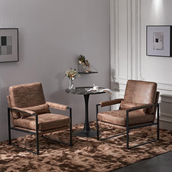 24.8 in. W Tan Faux Leather Arm Chair with Cushions