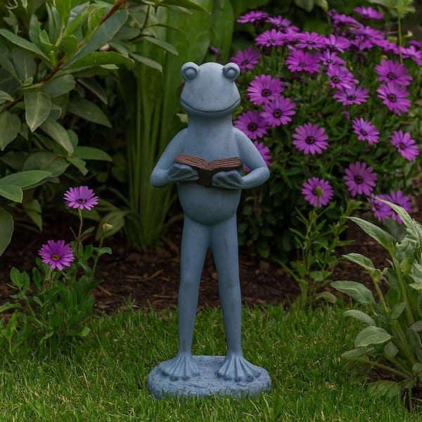 Liv & Skye 18 in. Gray Resin Standing Frog Reading A Book Garden