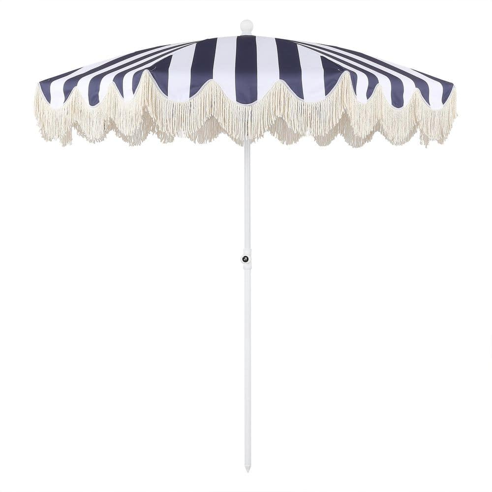 Mariner 6.5 ft. Classic Cottage Fringe Tassel Market Beach Umbrella in Navy and White Stripe/Cream, White Pole price history on PriceWatchPro
