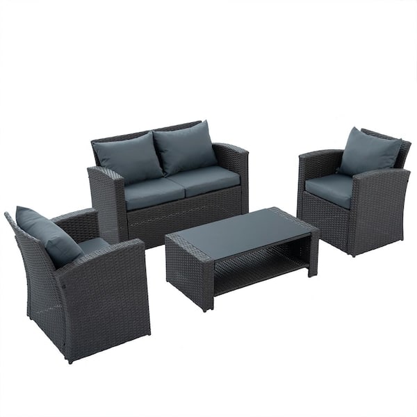 Sudzendf 4-Piece Dark Gray Wicker Patio Conversation Set with Gray Cushions