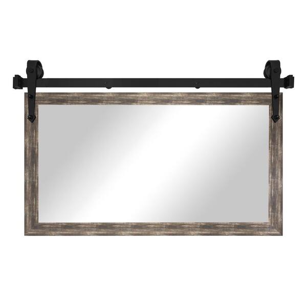 (54 in. W x 33 in. H) Brown Distressed Modern Rustic Mirror with Steel Barn Door Rail