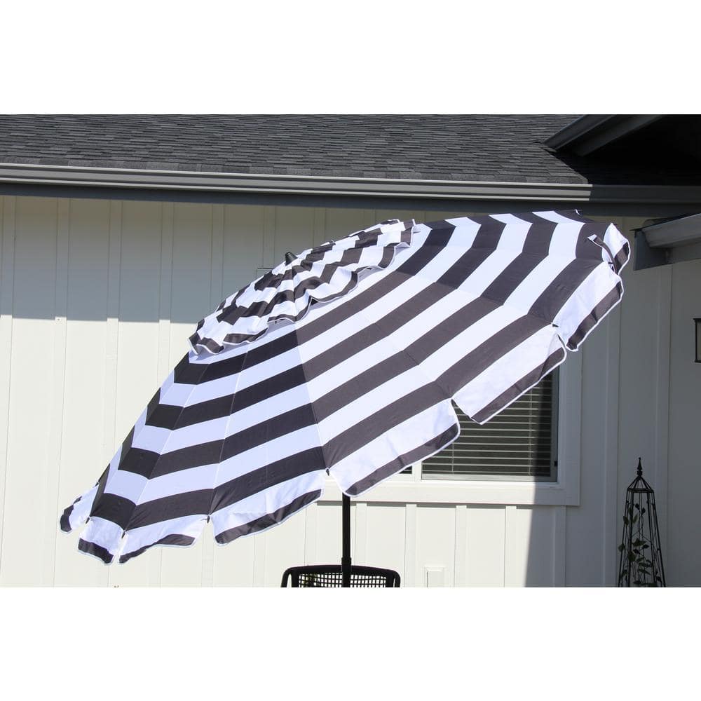 8 ft Black and White Striped Beach Patio Umbrella with Carry Bag