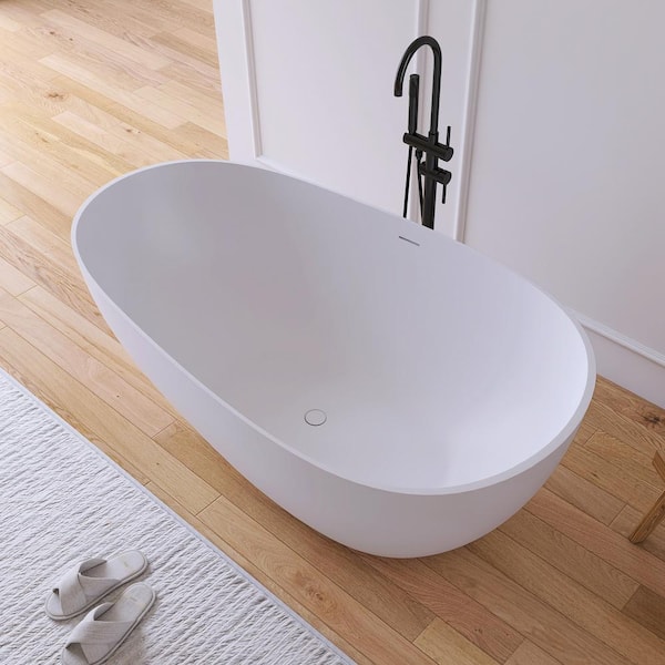Luna 59 in. x 30.7 in. Stone Resin Solid Surface Matte Flatbottom Freestanding Soaking Bathtub in White