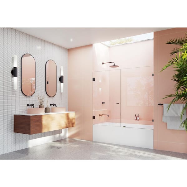 Glass Warehouse Illume 64 in. W x 58.25 in. H Wall Hinged Frameless Tub Door in Matte Black with Clear Glass