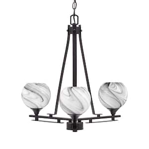 Ontario 19.25 in. 3-Light Dark Granite Geometric Chandelier for Dinning Room with Onyx Swirl Shades No Bulbs Included