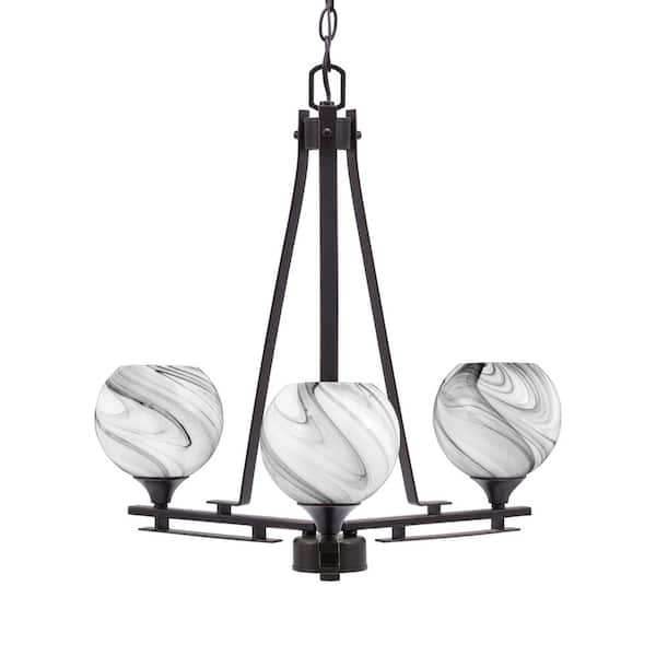 Unbranded Ontario 19.25 in. 3-Light Dark Granite Geometric Chandelier for Dinning Room with Onyx Swirl Shades No Bulbs Included