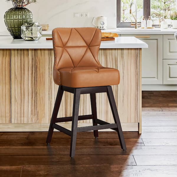 OrangeOne Zola 26 in. Whiskey Brown Wood Frame Faux Leather Upholstered Swivel Bar Stool (Set of 1)