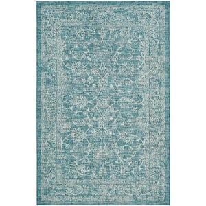 Courtyard Turquoise 7 ft. x 10 ft. Traditional Border Indoor/Outdoor Patio Area Rug