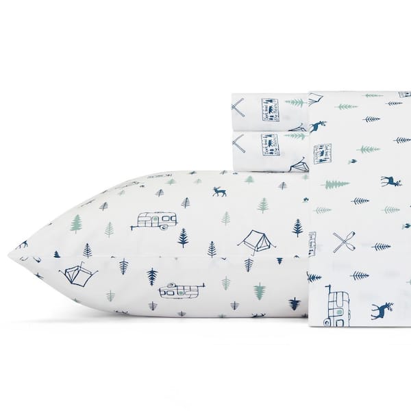 Campout 3-Piece Blue Graphic Percale Cotton Twin XL Sheet Set