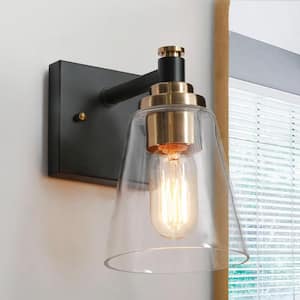 Wincer 1-Light Black and Brass-Plated Industrial Wall Sconce, Cone Clear Glass Wall Light, Modern Bathroom Vanity Light