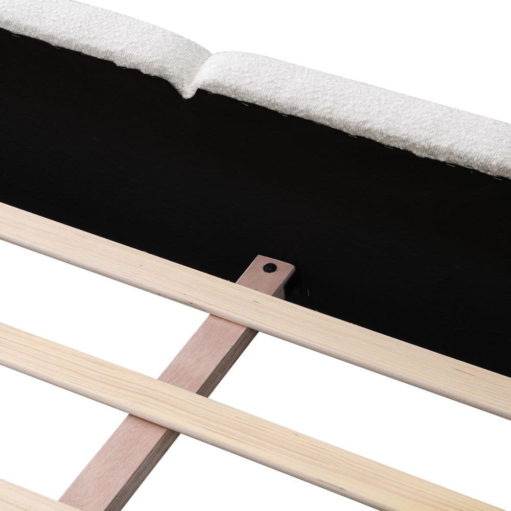 White Wood Frame King Size Upholstered Platform Bed with Boucle Thick Headboard and Footboard, Block Style - thumbnail 4