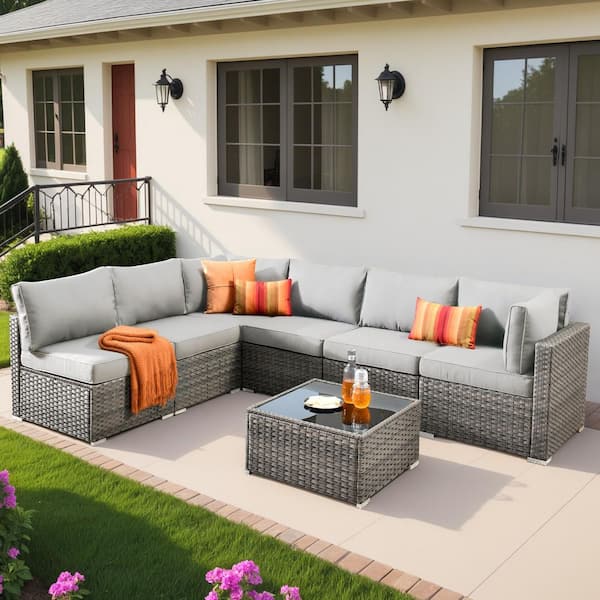 XIZZI Gemini 7-Piece Wicker Outdoor Sectional Set with Light Gray