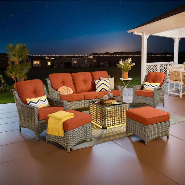 Cristiano 6-Piece Wicker Patio Conversation Seating Sofa Set with Orange Red Cushions and Lighted Coffee Table