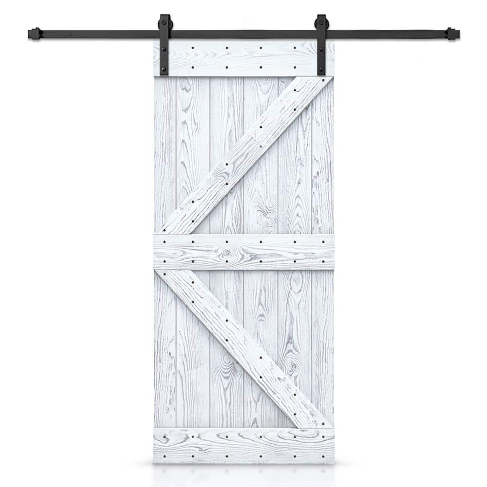 CALHOME 28 in. x 84 in. K-Bar Ready to Hang Wire Brushed White Thermally Modified Solid Wood Sliding Barn Door with Hardware Kit