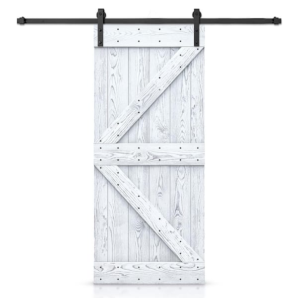 CALHOME 32 in. x 84 in. K Bar Ready to Hang Wire Brushed White Thermally Modified Solid Wood Sliding Barn Door with Hardware Kit
