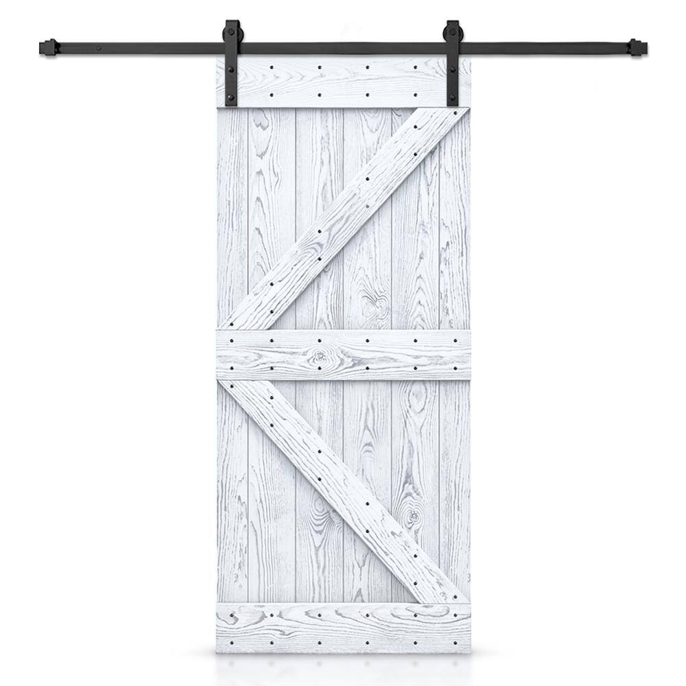 CALHOME 42 in. x 84 in. K-Bar Ready to Hang Wire Brushed White Thermally Modified Solid Wood Sliding Barn Door with Hardware Kit