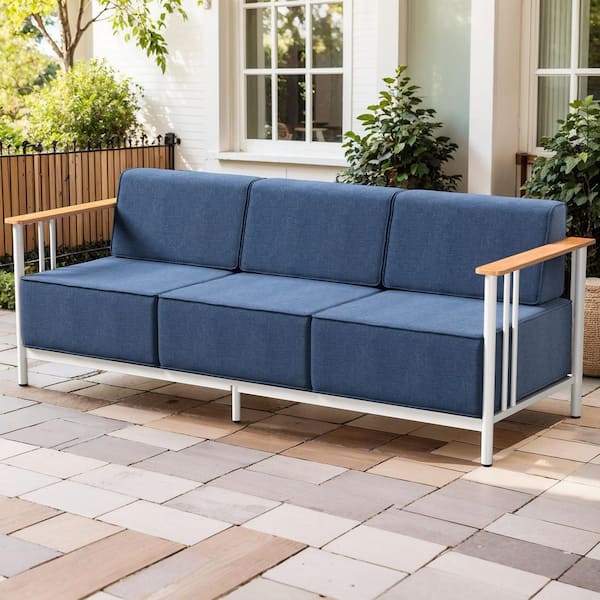 Pocassy Minimalism 3-Seat Metal Outdoor Patio Sofa Sectional Couch with Blue Cushions