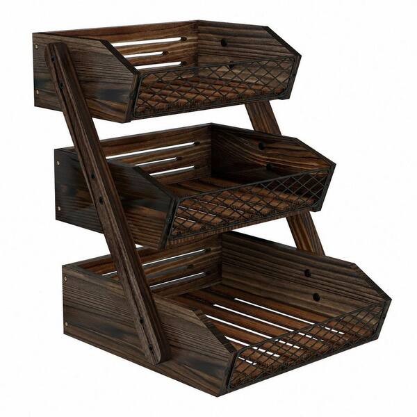 3 Tier Rustic Wooden Fruit Basket, Stackable Countertop Fruit Bowl Vegetable Bread Storage Organizer for Kitchen Counter