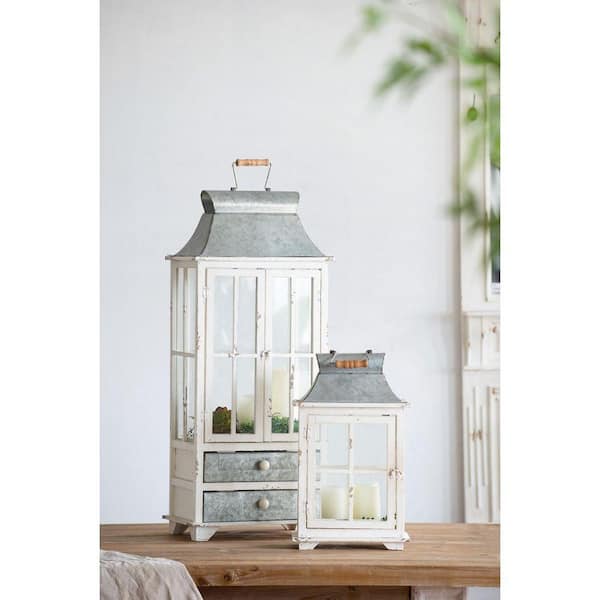 Ivory White Fir Wood Decorative Candle Lantern with 2 Lower