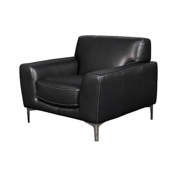 Benjara Brown Leather Arm chair with Metal Bracket Legs