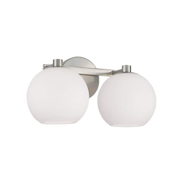 14.75 in. W x 8 in. H 2-Light Circular Globe Vanity Light in Brushed Nickel with Soft White Glass