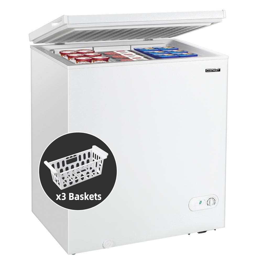 Costway Chest Freezer 5.2 cu. ft. Top Freezer Built-In and Standard Refrigerator with Upright Single Door and 3-Baskets in White, White-5.2 cu.ft.