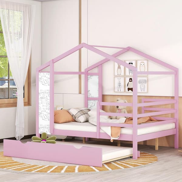Harper & Bright Designs Pink Wood Frame Full Size House Platform Bed with Blackboard, Twin Size Trundle, Fence Bedrails