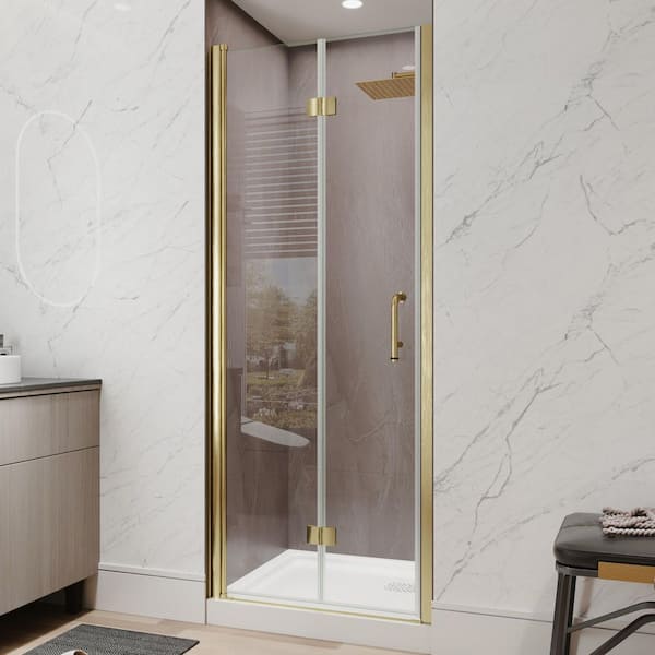 30 to 32 in. W x 72 in. H Bi-Fold Frameless Shower Door in Brushed Gold with Tempered Clear Glass