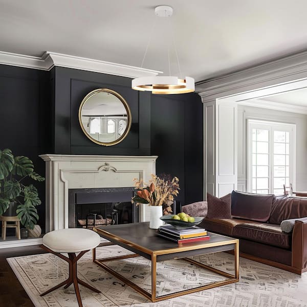 24W Round Integrated LED Chandelier Lighting for Dining Room, Modern 1-Light White and Gold Drum Island Pendant Lights