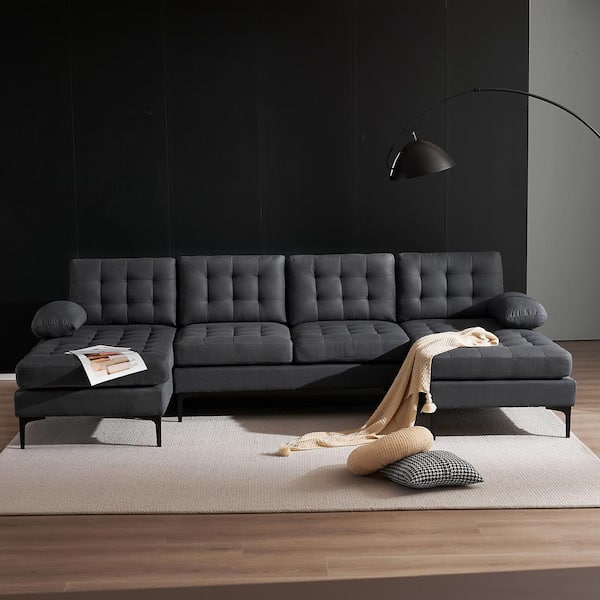 Karl home 110 in. Padded Arm 3-Piece Polyester U-shaped Sectional Sofa in. Dark Gray with Pull Point Design