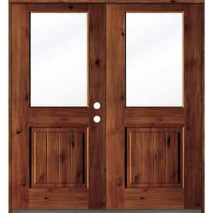 64 in. x 80 in. Rustic Knotty Alder Wood Clear Half-Lite Red Chestnut Stain/VG Left Active Double Prehung Front Door