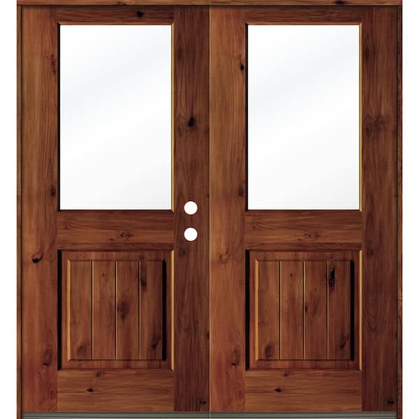 Krosswood Doors 72 in. x 80 in. Rustic Knotty Alder Wood Clear Half-Lite Red Chestnut Stain/VG Left Active Double Prehung Front Door