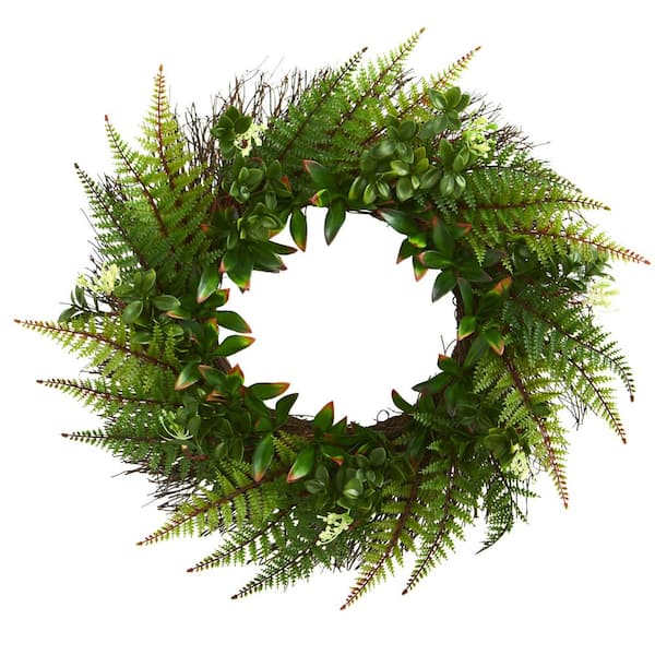 Nearly Natural Indoor/Outdoor 23 in. Artificial Assorted Fern Wreath UV Resistant