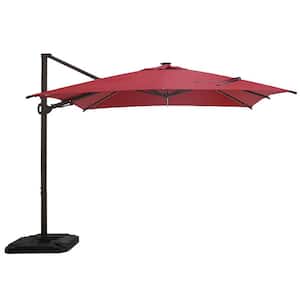 10 ft. x 10 ft. 360-Degree Rotating Aluminum Cantilever Solar Light Patio Umbrella with Base Weight in Dark Red
