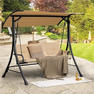 3-Seat Steel Outdoor Porch Swing Adjustable Canopy Padded Cushions Frame Beige