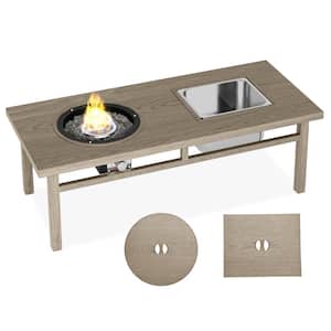Beige Rectangular Aluminum Outdoor Fire Pit Table with Stainless Steel Ice Tub