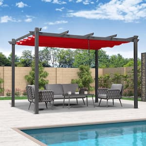 11 ft. x 13 ft. Gray Aluminum Frame Outdoor Patio Pergola with Red Retractable Sun Shade Canopy for Porch Garden Beach