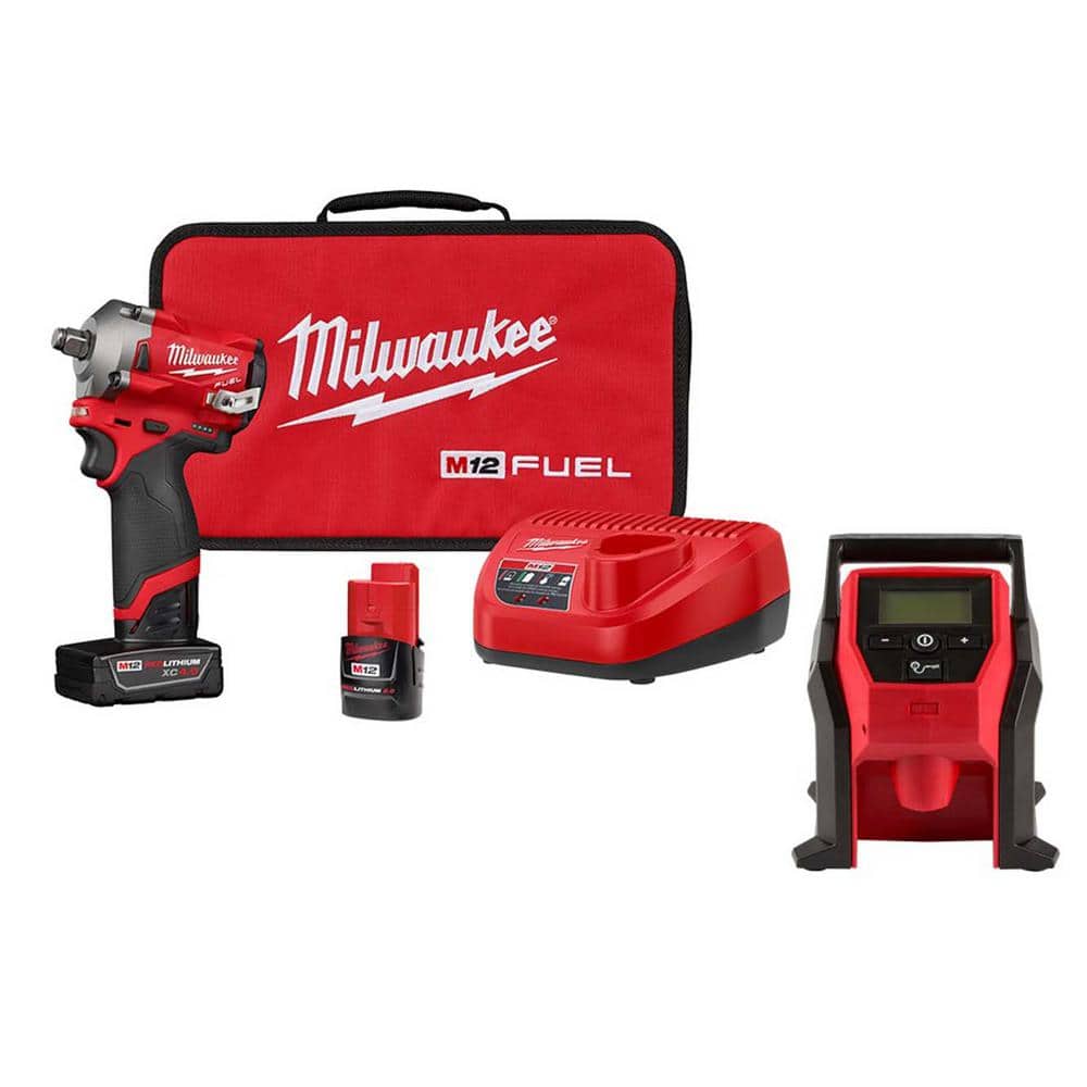 Milwaukee M12 FUEL Stubby 1/2 in. Impact Wrench Kit w/(1) 4.0 and (1) 2.0Ah Batteries w/M12 Compact Inflator (Tool-Only) -  2555-2475