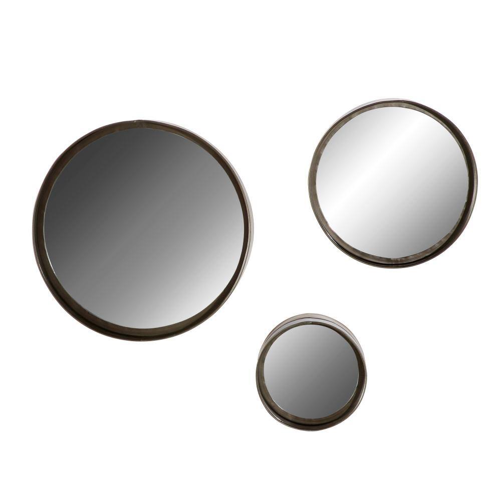 Set of 3 Round Bronze and Wood Wall Mirrors