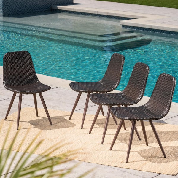 Noble House Gila Multi-Brown Armless Faux Rattan Outdoor Dining Chair in Dark Brown (4-Pack)