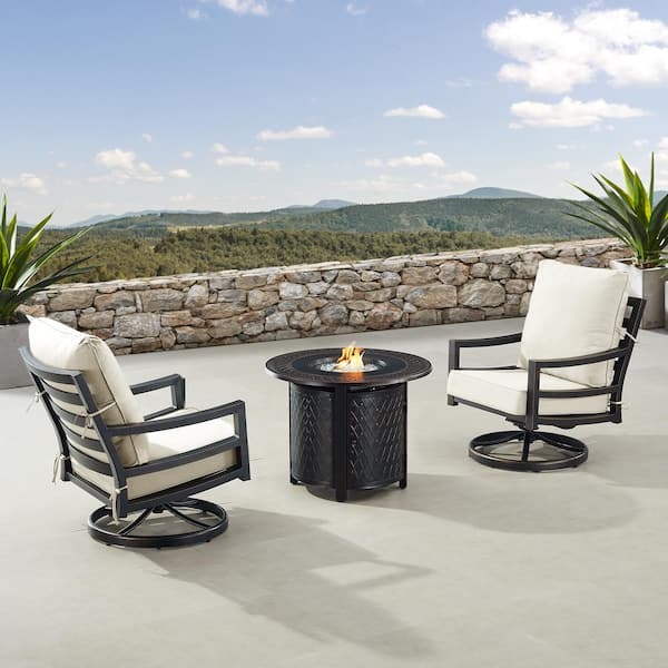 Oakland Living Black 3-Piece Aluminum Patio Fire Pit Set with 2-Club Chairs Light Grey Cushions