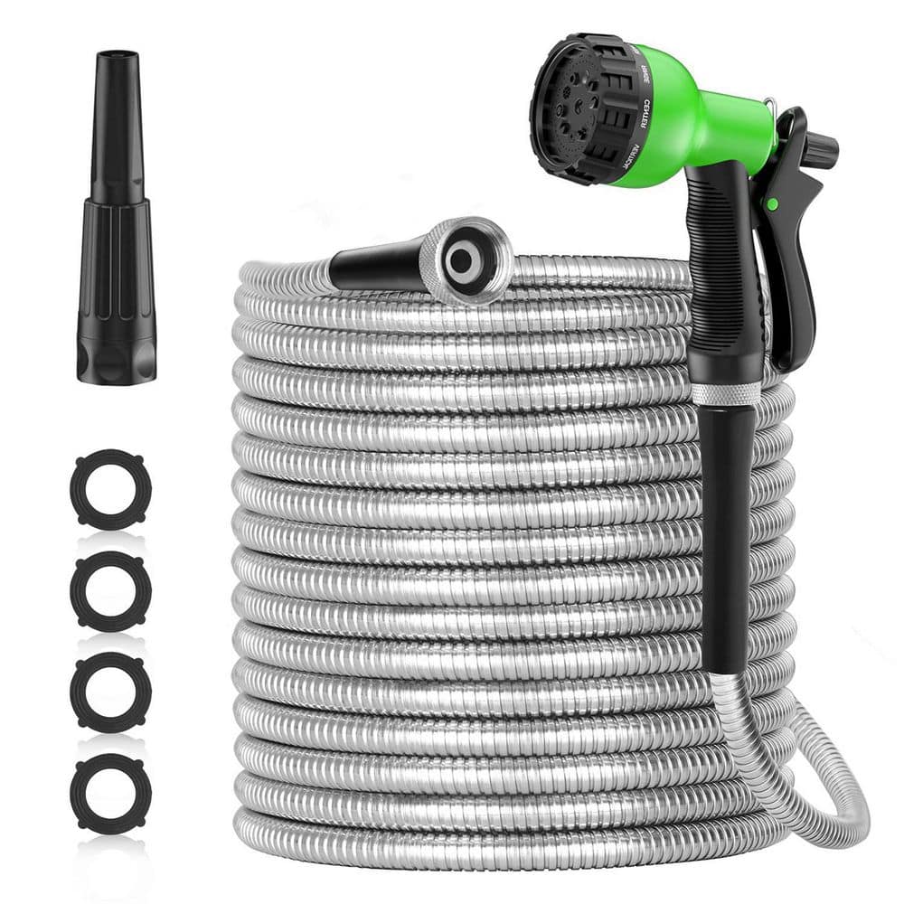 50ft Heavy Duty Stainless Steel Garden Hose with Aluminum Nozzle